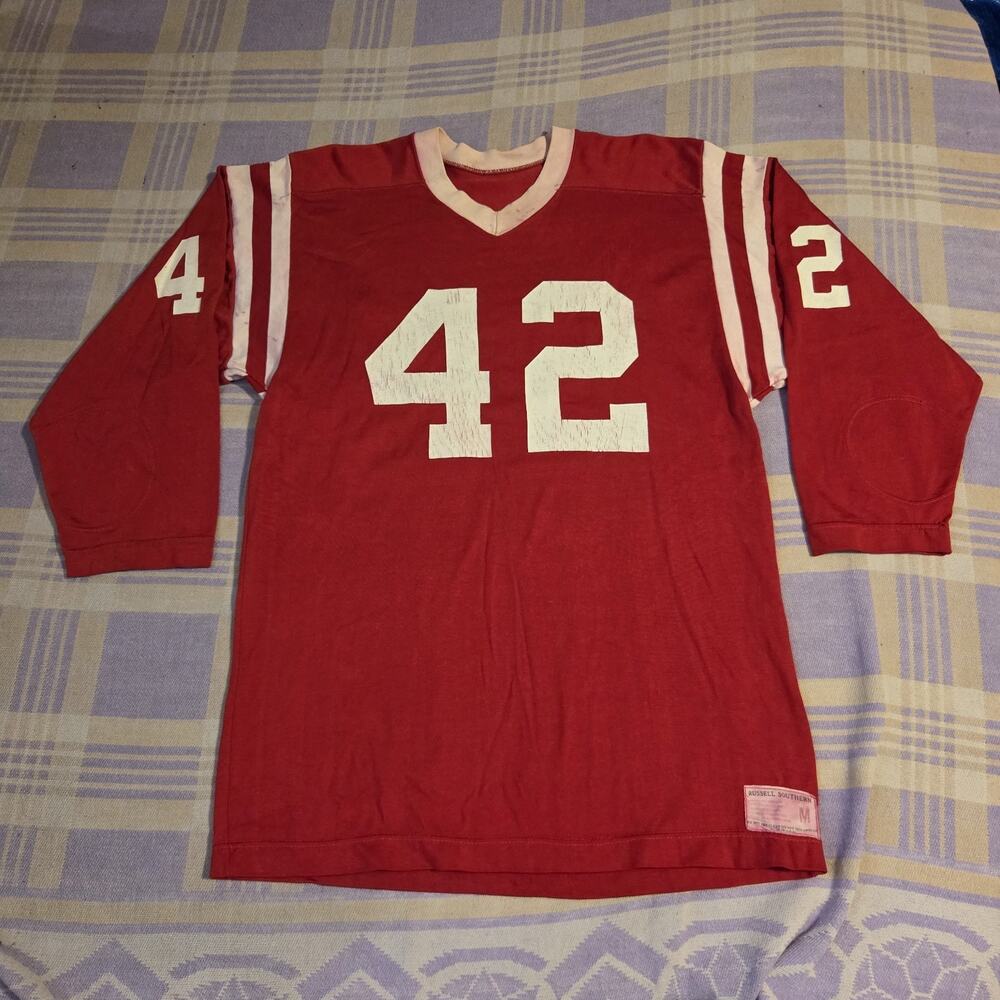 Vintage 1950s Durene Football Jersey Russell Southern Size Medium #42 Red Faded